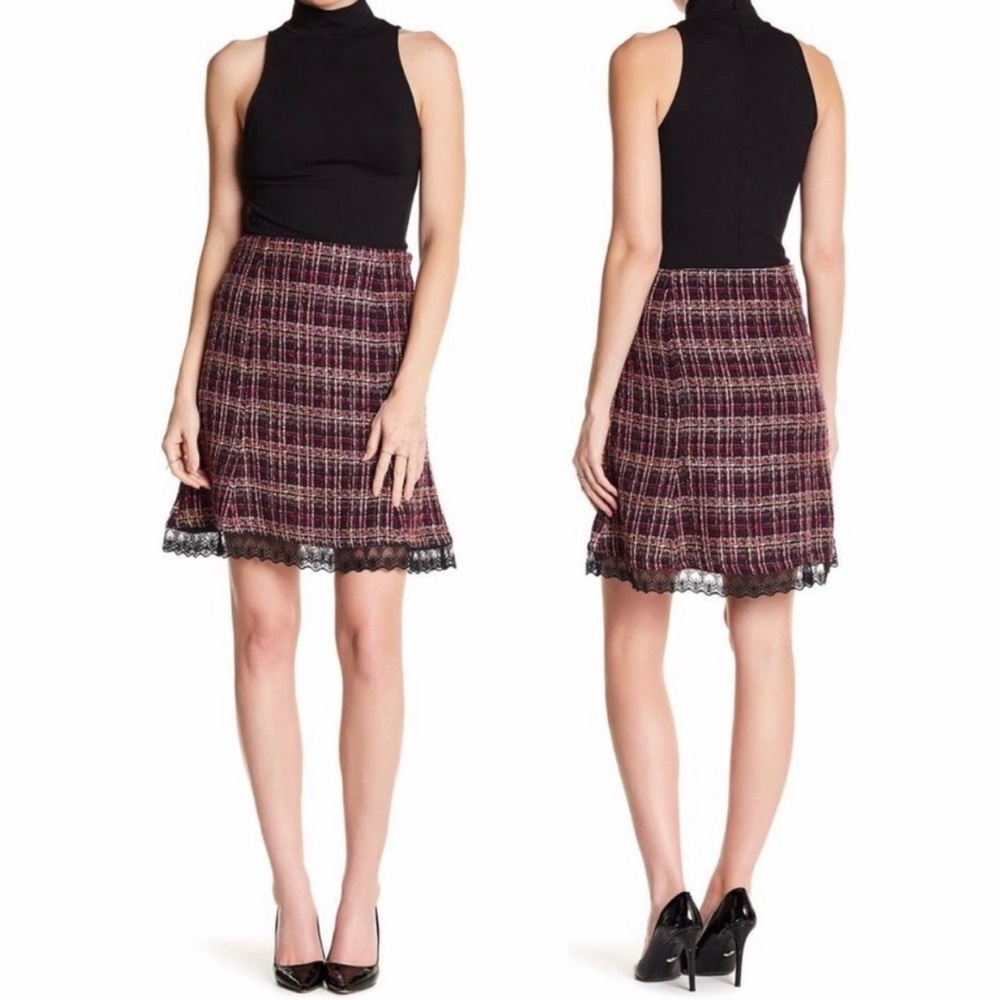 NANETTE LEPORE Purple Tweed Mini Skirt Lace Trim